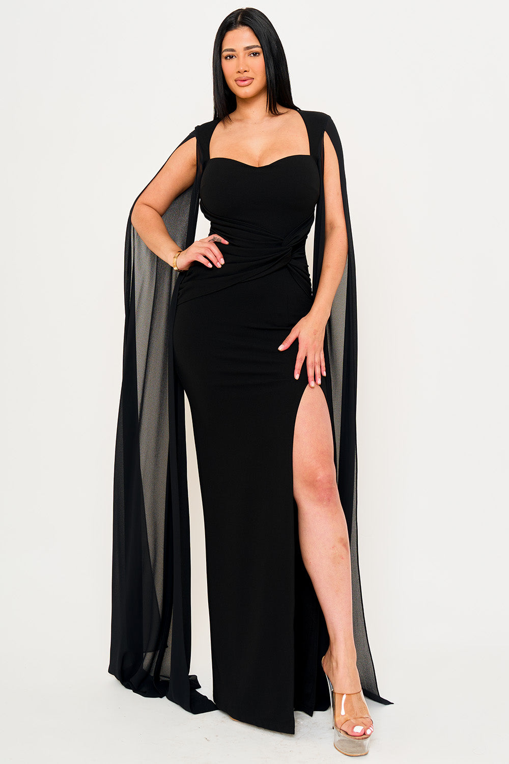 SDM2101HP - MESH LONG CAPE SLEEVE WITH SLIT MAXI DRESS