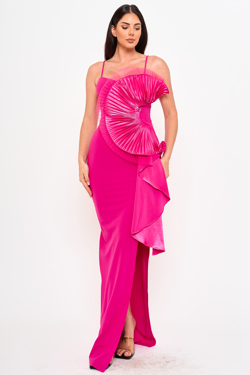 SDM2111HP - TULLE MESH FOLDED RUFFLE ON THE SIDE MAXI DRESS