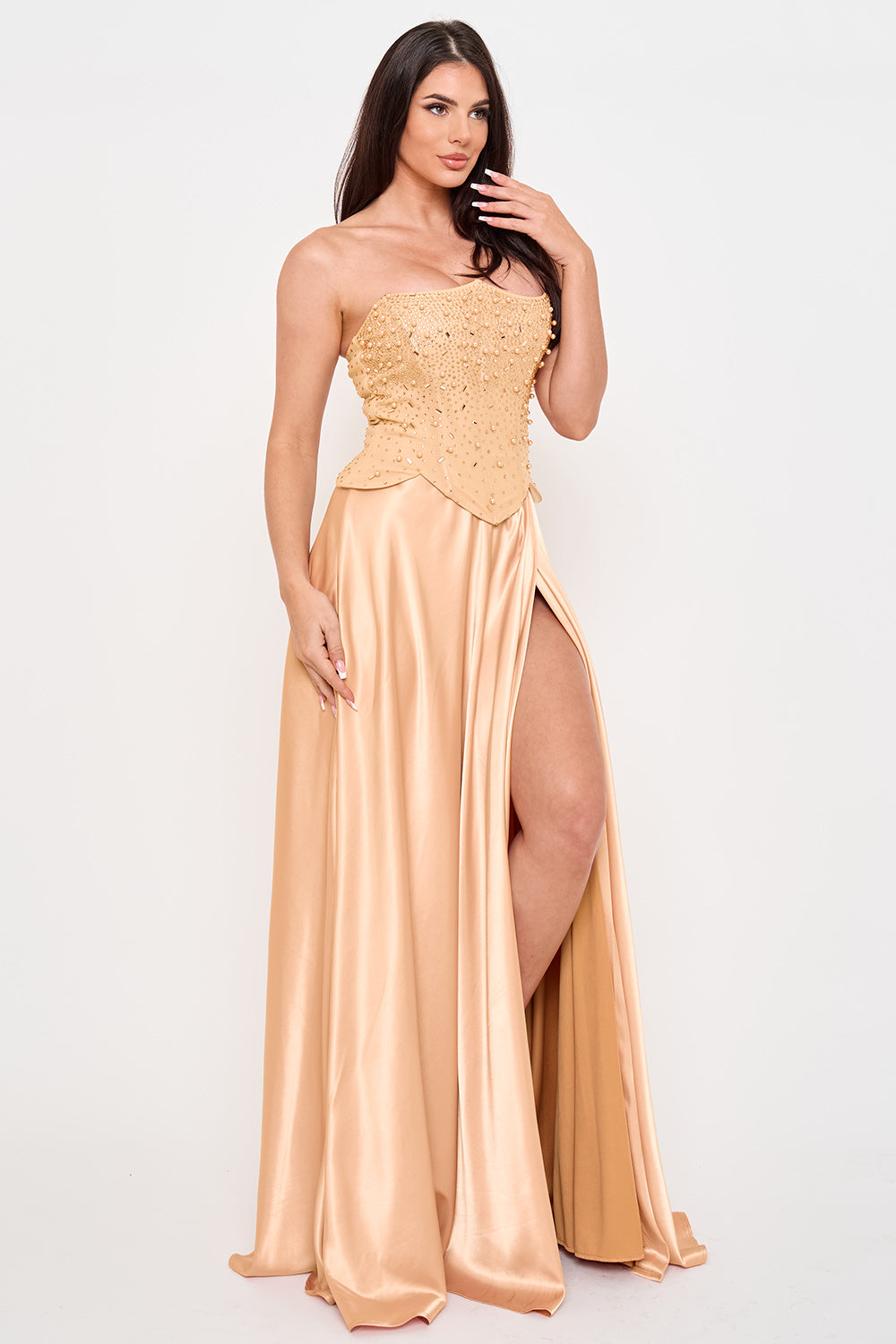 SDM2204JP - GRADATION RHINESTONE TOP SATIN SKIRT MAXI DRESS - Image 4