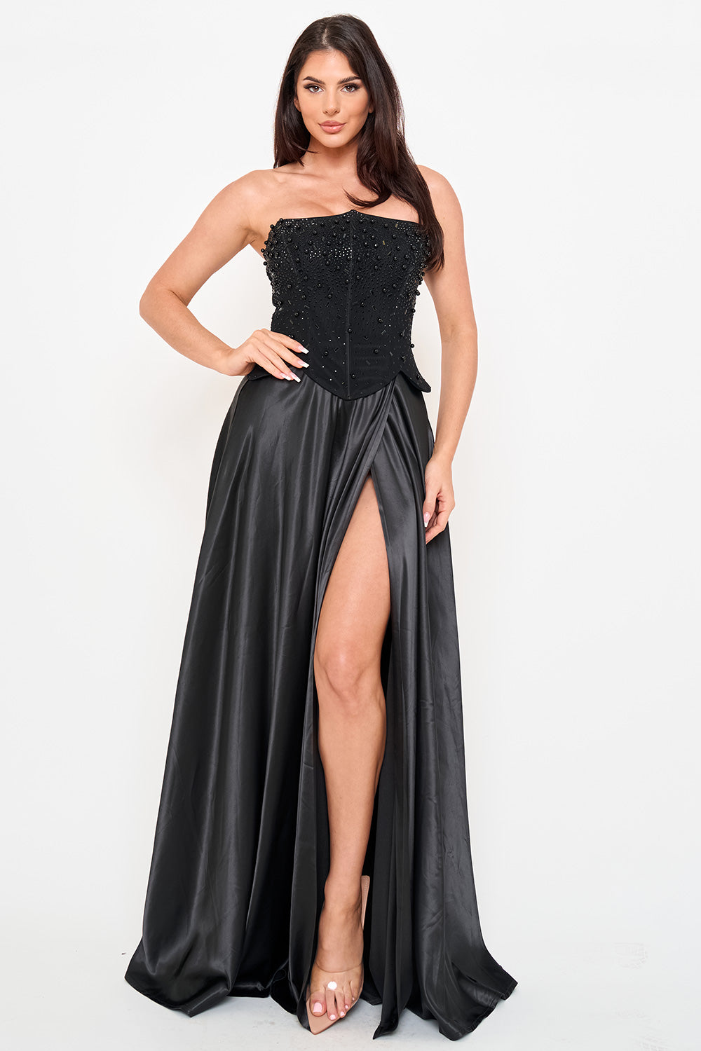 SDM2204JP - GRADATION RHINESTONE TOP SATIN SKIRT MAXI DRESS - Image 2
