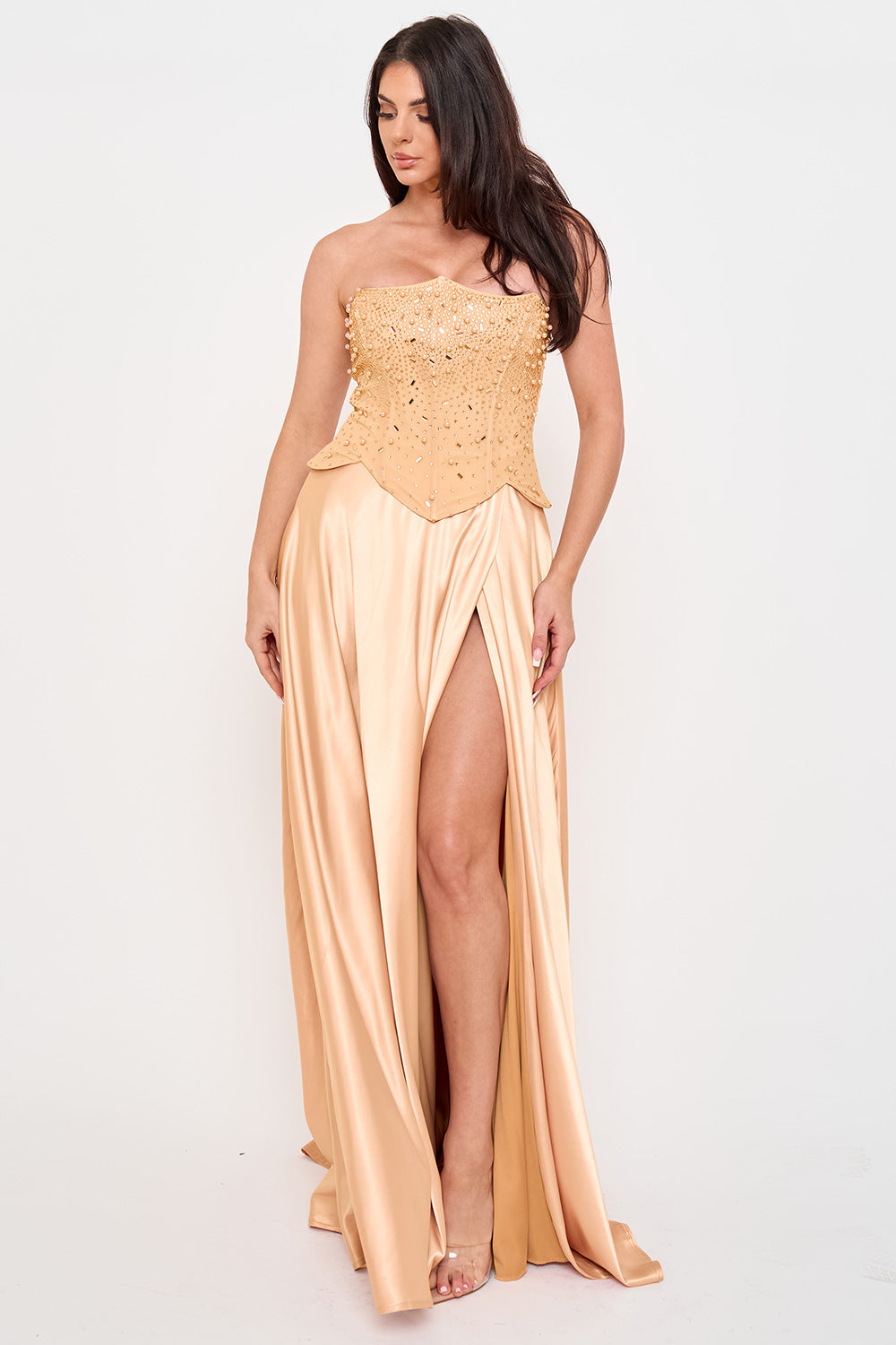 SDM2204JP - GRADATION RHINESTONE TOP SATIN SKIRT MAXI DRESS