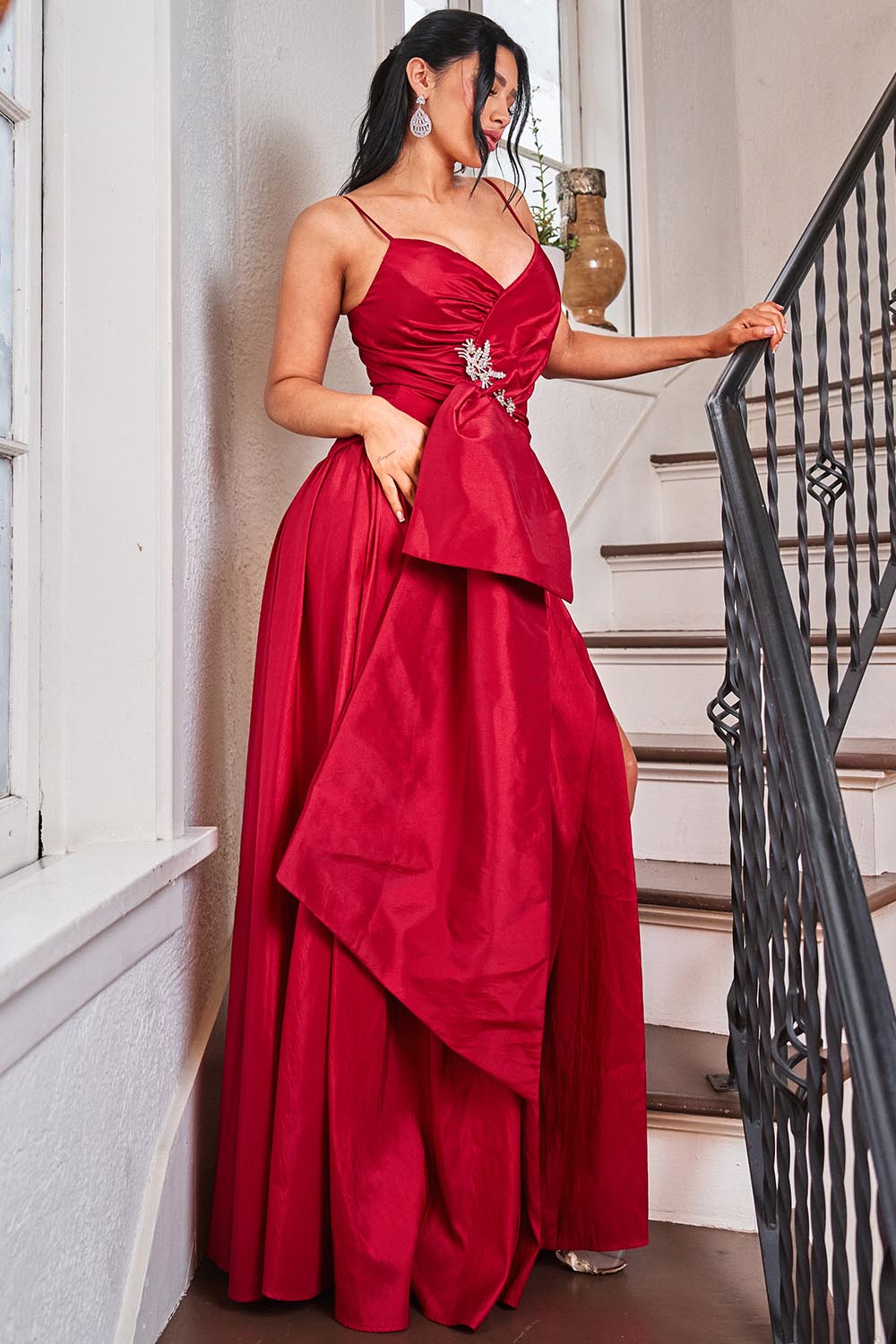 SDM2284HP - TAFFETA BOW ON THE WAIST A-LINE MAXI DRESS