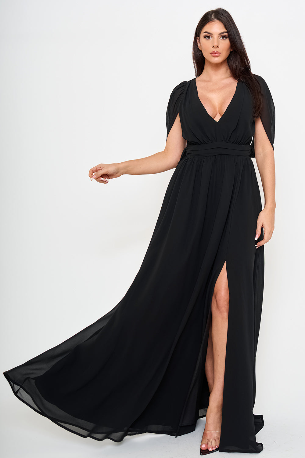 SDM2323HM - CHIFFON SHIRRING SLIT OPEN SLEEVE MAXI DRESS - Image 4