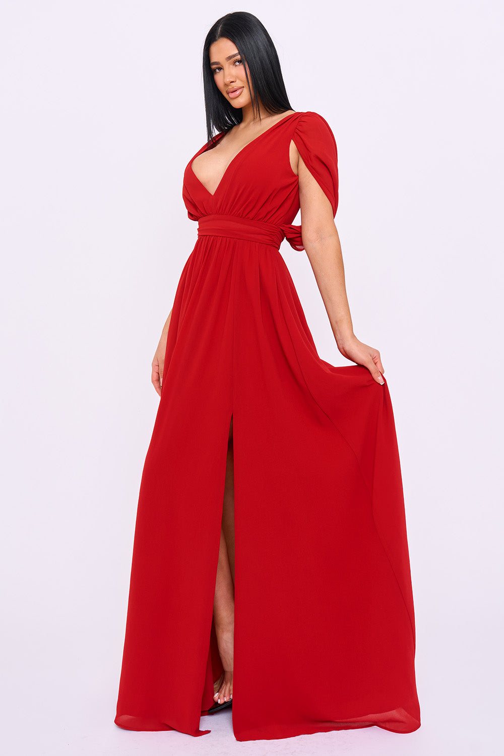 SDM2323HM - CHIFFON SHIRRING SLIT OPEN SLEEVE MAXI DRESS - Image 12