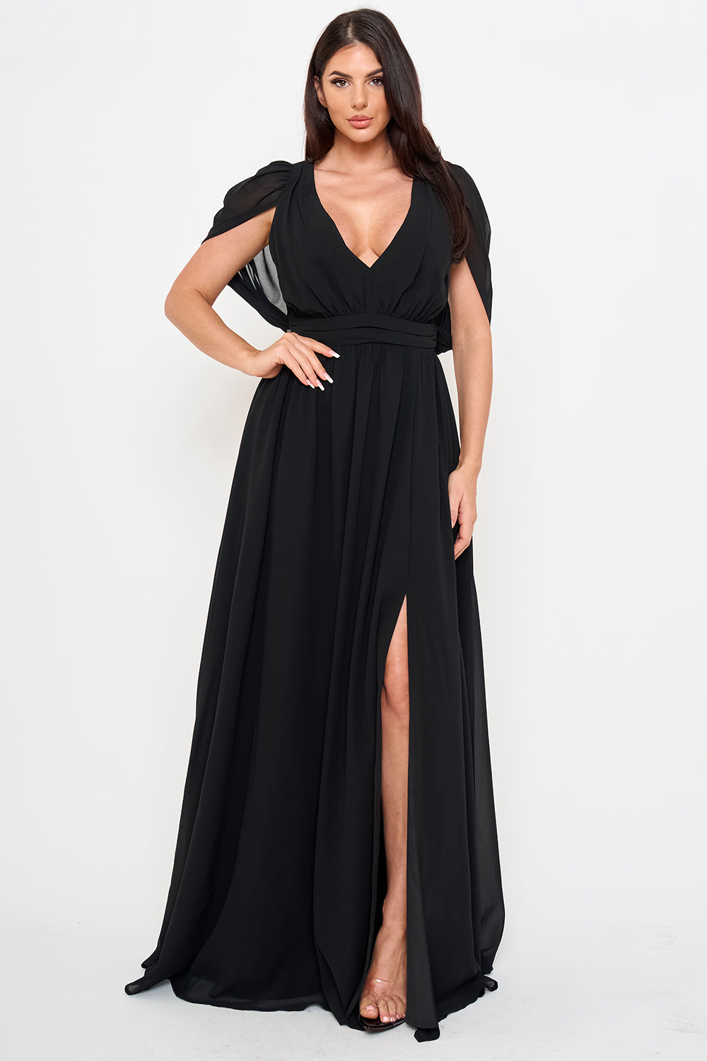 SDM2323HM - CHIFFON SHIRRING SLIT OPEN SLEEVE MAXI DRESS - Image 7